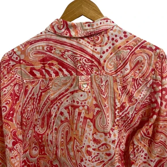 Chico's Coral Pink Paisley Button Up Shirt Resortwear Coastal Boho Size 2 Large - Picture 12 of 13